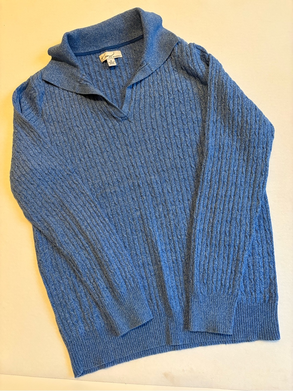 Kim Rogers Blue Cable-Knit Shawl Collar Sweater